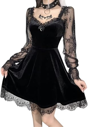 Lace Long Sleeve Dress Black Draped Bodycon Goth Vintage Dresses Clothes