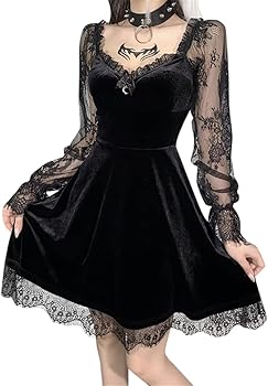 LANSHULAN Lace Long Sleeve Dress Black Draped Bodycon Goth Vintage Dresses
