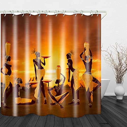 Waterproof Shower Curtains Sets For Bathroom Accessories With Orange African Tribe Printed,Beautiful Wide Fabric Toilet Curtain For Bathtub,Polyester Bath Blind Set Hooks & Liners 72 X 83 Inches #TOP4