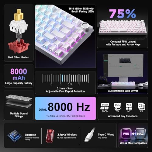 Image of YUNZII RT75 PRO Wireless Gaming Keyboard,Hall Effect Mechanical Rapid Trigger Magnetic Keyboard Bluetooth /USB-C /2.4G 8KHz Polling Rate,RGB Backlit,TGL /SOCD /DKS /MT (White, Red Switch)