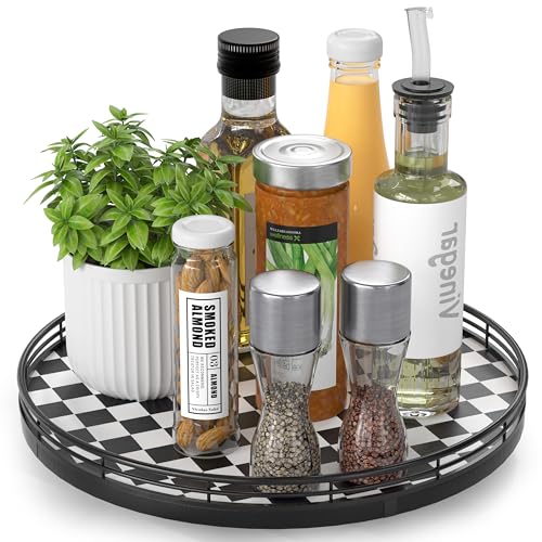 Image of Black and White Kitchen Lazy Susan Turntable - Round Checkered Decorative Tray, 12 inch Table Top Oak Wood Lazy Susan for Cookies, Dining Table Organizer, Small Kitchen Table Centerpiece