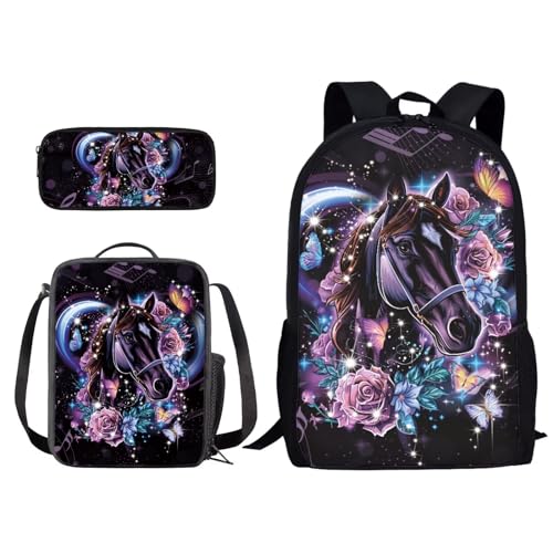 Xoenoiee Horse Butterfly Floral Music Pattern 3Pcs Backpack and Lunch Bag Set for Kids School Bag Junior Teens Bookbag Lightweight Schoolbag Bag Pack 3 in 1
