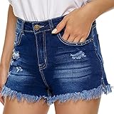 YOCUR Summer Womens High Waisted Denim Shorts Distressed Ripped Blue Jeans Shorts Zip Fly 3 Inch Inseam Stretchy Cut Off Curvy Scrunch Jean Shorts Navy Dark Blue L
