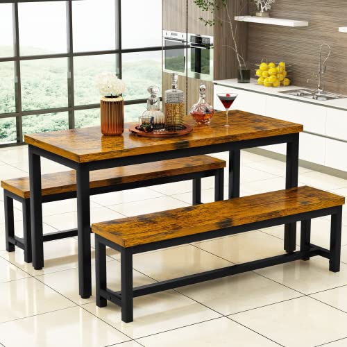 Awqm Dining Room Table Set, Kitchen Table Set With 2 Benches, Ideal For Home, Kitchen And Dining Room, Breakfast Table Of 43.3X23.6X28.5 Inches, Benches Of 38.5X11.8X17.5 Inches, Industrial Brown #TOP3