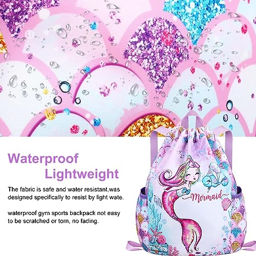 RHCPFOVR Drawstring Backpack for Kids - Mermaid Bags for Girls Mini Gym Dance Beach Swim Travel Bag With Two Water Bottle Holder2