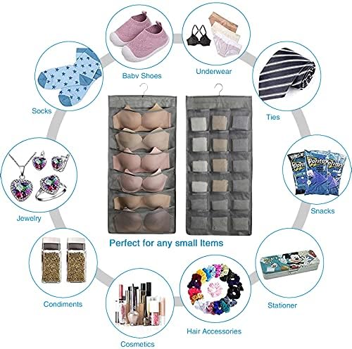 UESDU Space Saving Dual-Sided Holder Storage 2 Pack Hanging Holder Mesh Wardrobe Organiser with 48 Mesh Pockets Hanging Closet Organizer Bags Double-Side Hanging Closet, Grey
