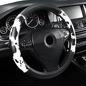 Microfiber Leather 15″ Universal Fit Car Steering Wheel Cover, Elastic Nonslip Breathable and Odorless, Cow Pattern