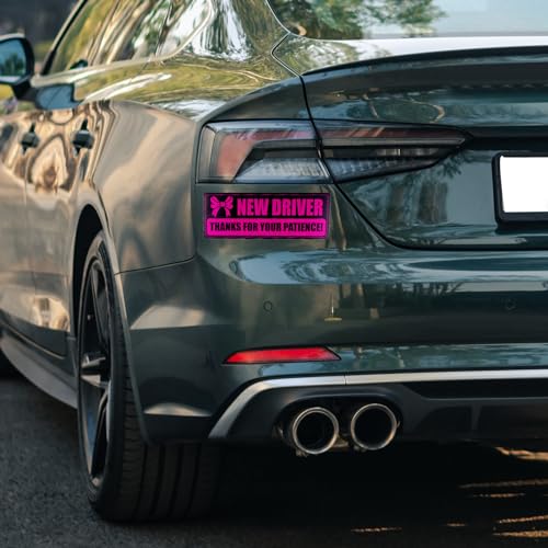 Image of PEUTIER 2pcs New Driver Magnet for Car, Magnetic Reflective Bumper Stickers Thanks for Your Patience New Driver Signs Safety Warning Funny Novice Driver Vehicle Car Decal Accessories (Black Pink)