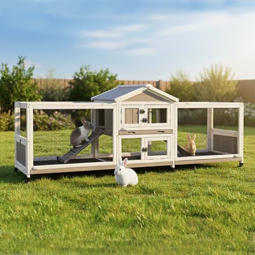 Large 2-Story Outdoor Rabbit Hutch with Wheels Weatherproof Wooden Bunny Cage with Double Runs 4 Pull-Out Leak-Proof Trays 2 Anti-Chew Metal Frame Ramps Waterproof Roof Small Animals Cage