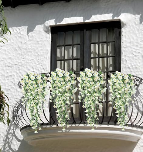 2 Pack Artificial Flowers for Outdoors UV Resistant Fake Morning Glory Vine Hanging Flowers for Porch Garden Fence Decor Weatherproof Silk Flower Garland (White) image 1