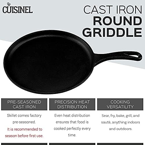Cast Iron Round Griddle Pan - 10.5"-inch / 26.67cm Flat Skillet Crepe Maker + Silicone Handle Cover - Pre-Seasoned Oven Safe Cookware - Indoor/Outdoor - Grill, Stove Top and Induction Safe