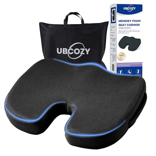 Memory Foam Seat Cushion for Office Chair, Car, Airplane, Wheelchair– Relieves Lumbar, Orthopedic, Sciatic, Coccyx and Back Pain–Comfortable Non-Slip – Variable Thickness: 2.75'' or 3.15'' (Black)