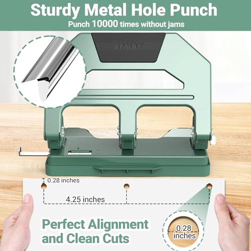Image of AFMAT Heavy Duty 3 Hole Puncher, 40-Sheet Three Hole Punch Heavy Duty, 50% Reduced Effort Paper Punch, 10K+ Uses, Metal Hole Puncher 3 Ring w /Large Tray, Bulit-in S.S. Paper Guide HPX2(Green)