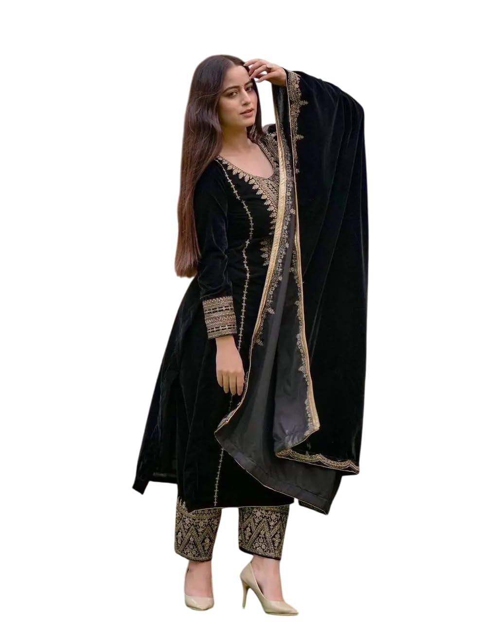 Women's Viscose Velvet Embroidery and Sequence Work Straight Kurti with Pant & Dupatta Set (Black-L)-image-38