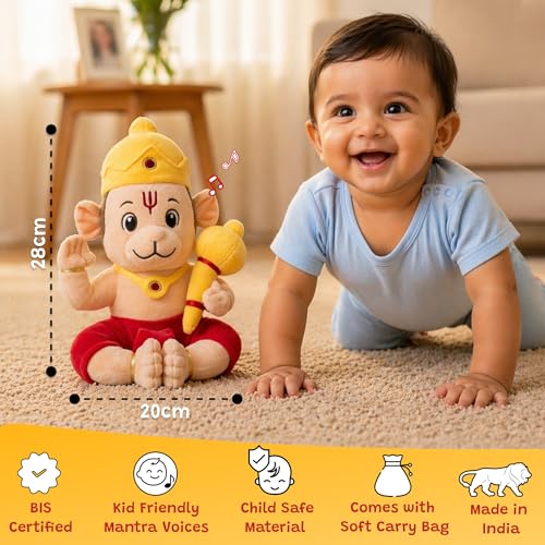 Image of WonderBuddy Divine Mantra Chanting Baby Hanuman with 08 Preloaded Mantras & Aartis, Musical Soft Plush Toy, Best Gift for Infants, Toddlers & Kids (Medium - 28 Cm)