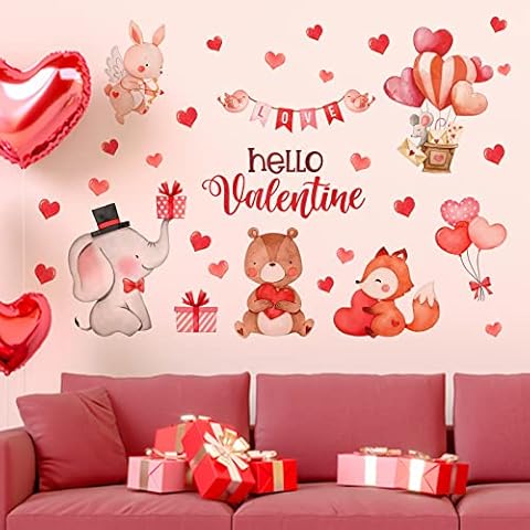 Mfault Valentines Day Love Heart Wall Decals Stickers, Hello Valentine Animals Wedding Anniversary Romantic Love Decorations Bedroom Art, Red Heart Balloon Holiday Home Kitchen Room Decor Cover