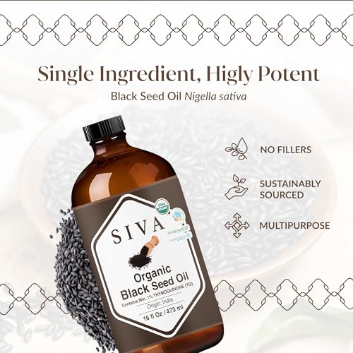 Image of Siva Black Seed Organic Oil 16oz (473ml) Premium Cold-Pressed Organic Carrier Oil for Face, Skin Care, Body Massage, Hair Care, Hair Oiling & Scalp Massage