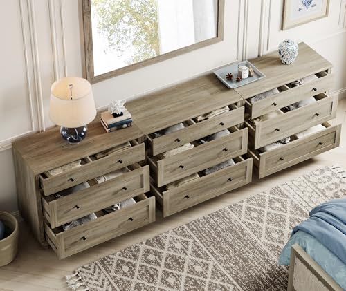 Image of WAMPAT Dresser for Bedroom with 9 Drawers, Kids Dressers with Wide Chest of Drawers, Modern Wooden Closet Storage Organizer, Large Wood Dressers for Living Room, Nursery, Hallway, Rustic Oak