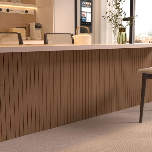 Image of Peel and Stick Wood Slat Wall Panels, Teak, 236 x 15.7 in | 3D Fluted, PVC Paneling for Accent Wall, Ceiling, Living Room, Office, Bedroom