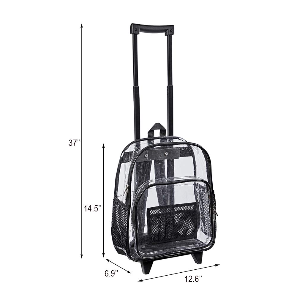 COVAX Rolling Clear Backpack, Heavy Duty See Through Bookbag, Transparent PVC Cold-resistant Backpack with Wheels (Black)
