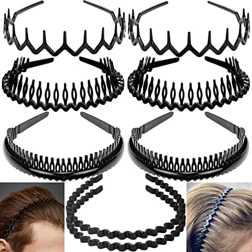 ULTIMUTE 8 PCS Fashion No Slip Effortless Plastic Headbands with Teeth Comb Black Skinny Headbands Hair Bands for Women Men Teen Girls, Classic Black Bright