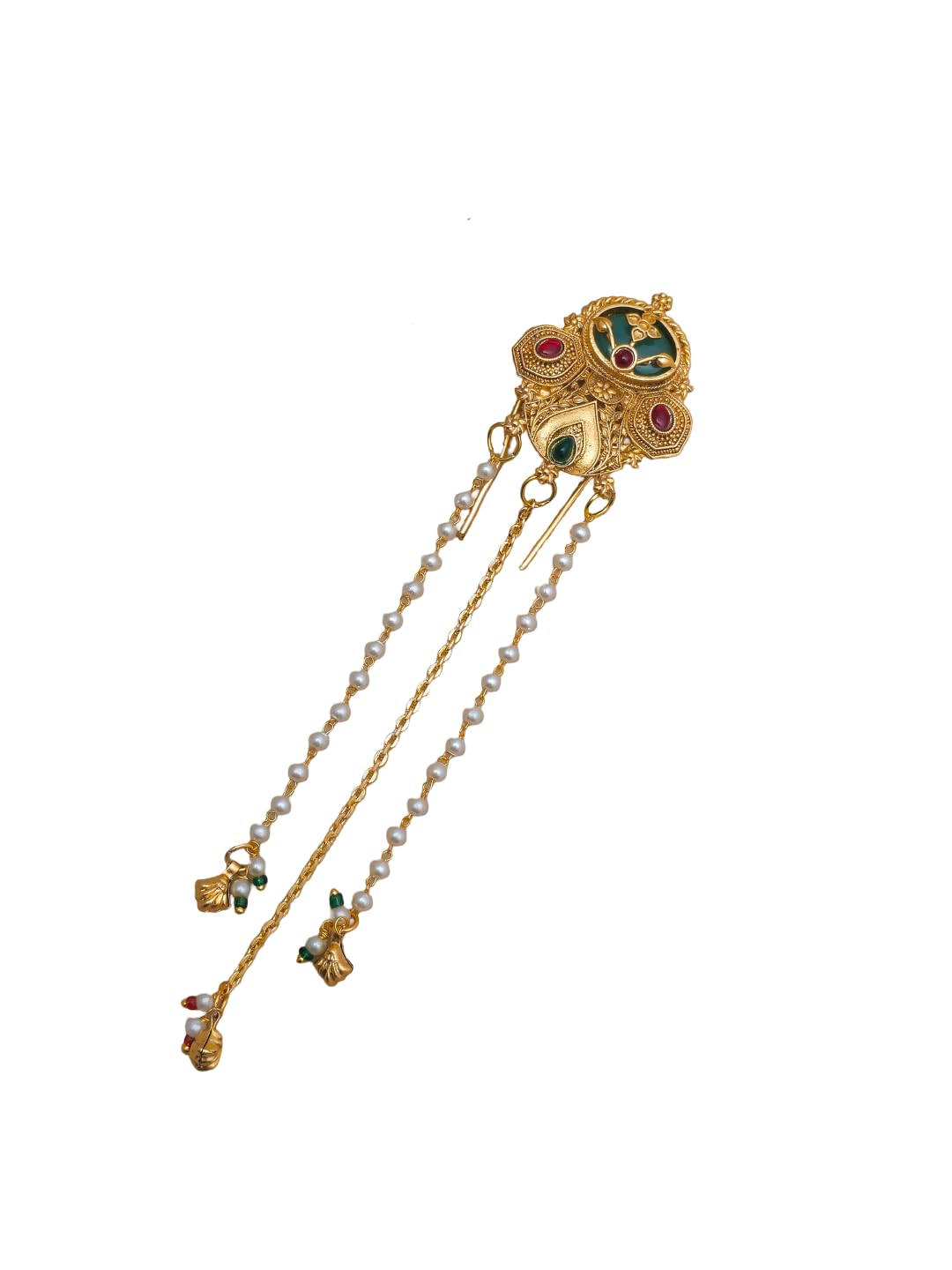 Traditional Gold Tone Saree Pin Brooch with Pearl Chains, Green Red Stone Embellishments, Indian Ethnic Jewelry, Bridal Hair Accessories, Wedding Hair Clip for Women-image-24