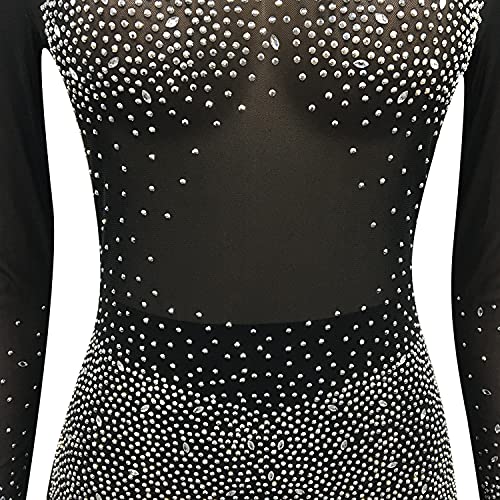 Oluolin Women's Sexy Sequin Rhinestone Mesh Bodycon Short Jumpsuit Crew Neck Long Sleeve Clubwear Party Romper #TOP6