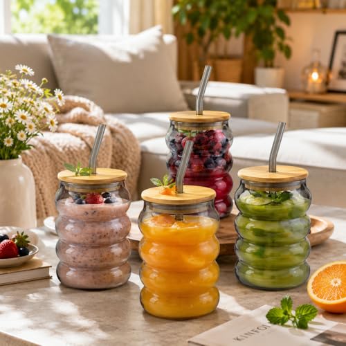 Image of Glass Tumblers with Wooden Lid and Glass Straw, 540ml, Borosilicate Glass, for Coffee, Iced Coffee, Juice and Smoothies, Coffee Mug, Sipper (Grey - Bubble Shape)
