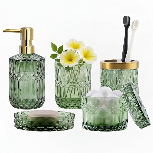 LaMarriti Green Bathroom Accessories Set 6 Pcs Clear Glass Bathroom Set Soap Dispenser Soap Dish Toothbrush Holder Tumbler Q-Tips Holder for Vintage Crystal Bathroom Decor Gift Set