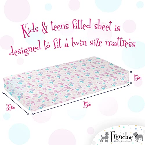 Frenchie Mini Couture, 2-Piece Kids Twin Sheets Set, 100% Woven Cotton, Deep Pocket Bed Sheet 39 X 75 X 15In + Pillowcase 20 X 30, Butterfly (White) #TOP6