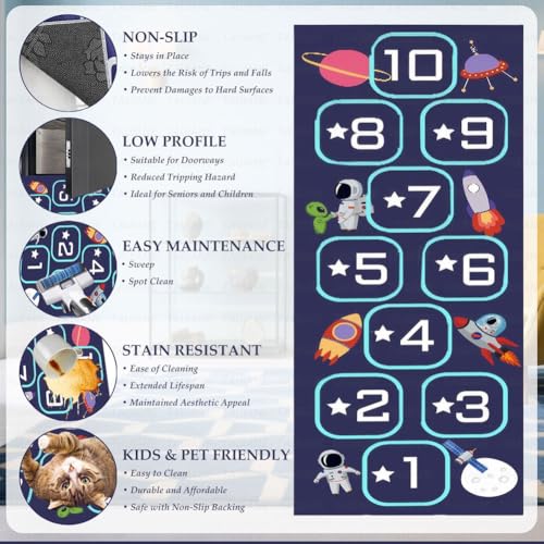 Ce tapis marelle dispose d'un tapis antidérapant et durable qui est facile à nettoyer, ce qui le rend parfait pour les crèches, les jardins d'enfants, les salles de jeux, etc.