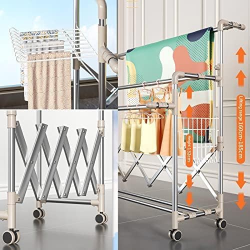 Portable Tripod Clothes Drying Rack – Heavy Duty Stainless Steel, Foldable & Space-Saving, Floor Standing & Rotating Laundry Airer with 4 Movable Arms,130-220Cm-Silver