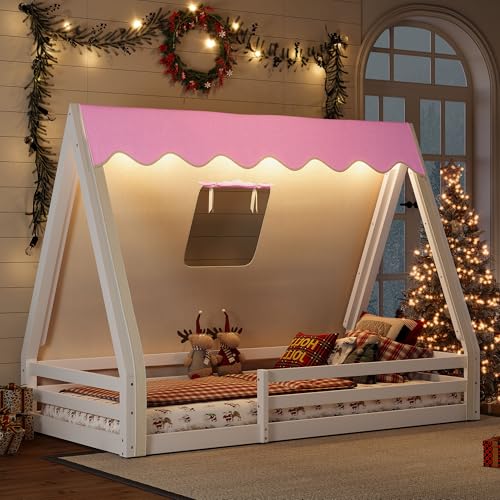 Image of CZBZ Twin Size House Floor Bed with Canopy Tent and LED Lights, Wood Teepee Montessori Floor Beds Frame with Guardrails for Kids, Playhouse Design for Safe Sleep & Imaginative Play