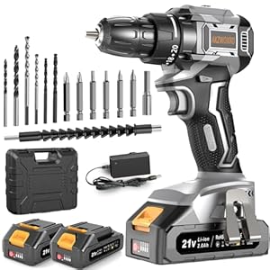 AKZWOXRO Akkuschrauber Bürstenlos 21V, Akku Bohrschrauber mit 2 Akkus 2.0Ah, 45N.m Akku Bohrmaschine, 2 Gang, 20+1 Drehmomentstufen, LED Licht, 14tlg Zubehöre Set für Garten DIY Projekt, Grau