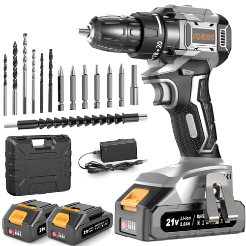 AKZWOXRO Akkuschrauber Bürstenlos 21V, Akku Bohrschrauber mit 2 Akkus 2.0Ah, 45N.m Akku Bohrmaschine, 2 Gang, 20+1 Drehmomentstufen, LED Licht, 14tlg Zubehöre Set für Garten DIY Projekt, Grau