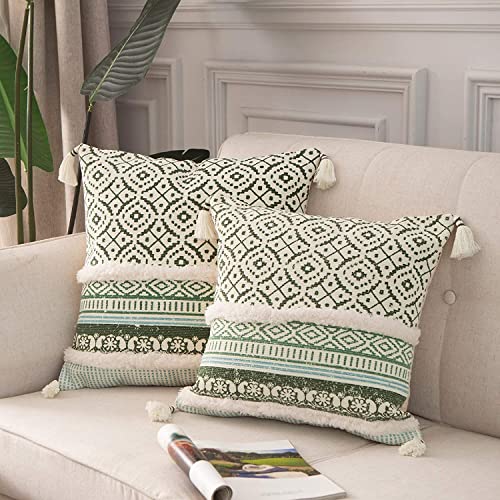 Image of Modern Homes Boho Tufted Decorative Throw Pillow Covers for Couch Sofa - Moroccan Style Cushion Covers with Tassels, Accent Decor Pillow for Bedroom Living Room (Green, 16x16 inch)