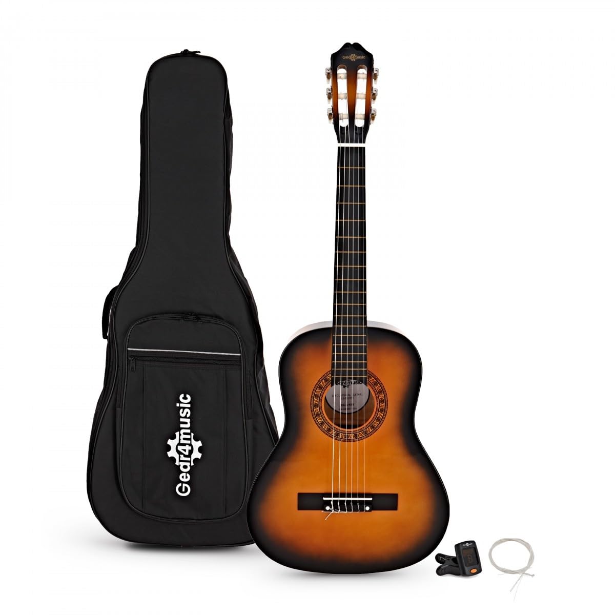 Pack avec Guitare Classique 3/4, Sunburst, par Gear4music | Pour jeunes débutants qui démarrent, tonalité chaude en nylon, housse/accordeur/cordes inclus