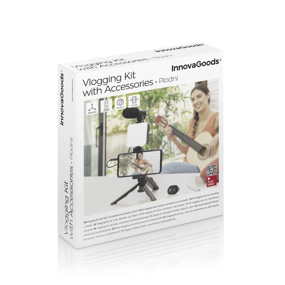 InnovaGoods® Kit de vlogging (6 piezas), tripode para movil graba vídeos de forma profesional, con aro de luz LED, micrófono y mando, ideal para vloggers, YouTubers y creadores de contenido.