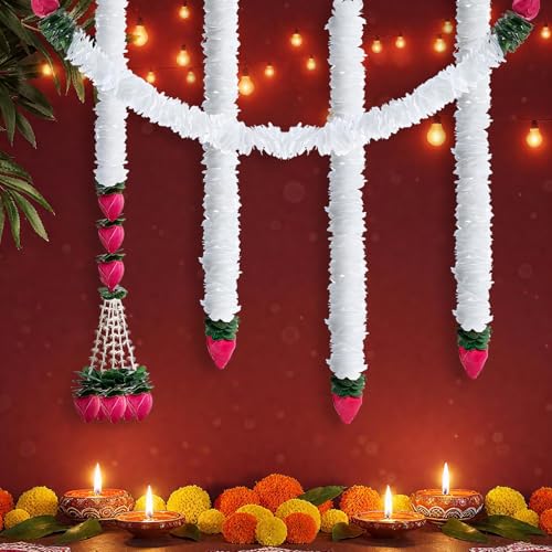 FineCheer 5 Pc 184 Inch Total Diwali Decorations Artificial Jasmine Garlands Toran with Lotus Buds Traditional Indian Hanging Decoration for Pooja Diwali Wedding Housewarming(Fresh)