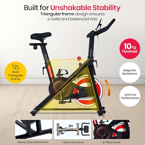 Image of Sparnod Fitness SSB-10N Magnetic Spin Bike for Home Use - Ultra-Silent Belt Drive, 10kg Precision Flywheel, 4-Way Adjustable Seat & Handlebars, Heavy-Duty Steel Frame with LCD Monitor, User Weight 125kg
