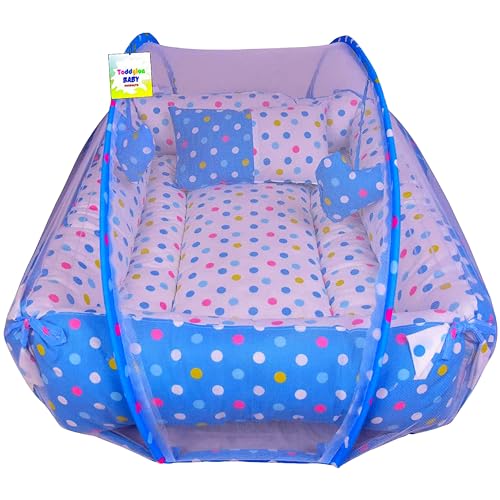 Image of Toddylon Baby Bed Bedding Set for New Born Baby Mattress with Mosquito Net & Pillow (0-12 Months) Blue