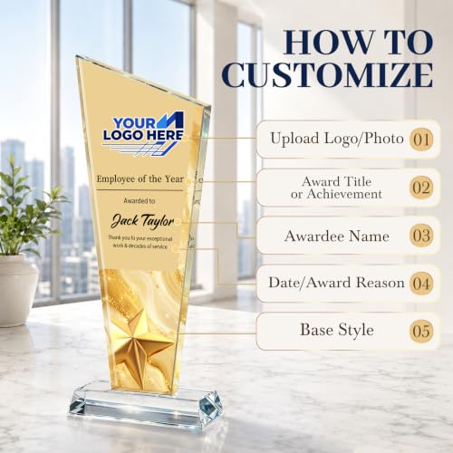 Image of Custom Crystal Trophy Award Personalized Plaque Award with Text Logo Photo Awards Trophies for Employee Recognition Team Graduation Personalized Office Gifts for Boss Coworker Teacher