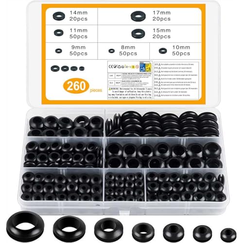 260 Piezas Pasacables de Goma, Kit de Arandelas, 7 Tamaños Eléctrico Pasamuros para Alambre, Enchufe Cables Autos Motocicletas - Negro