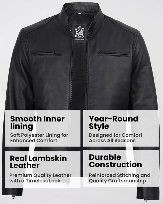 Image of Blingsoul Leather Jacket Men - Real Lambskin Cafe Racer Motorcycle Style Jacket for Mens
