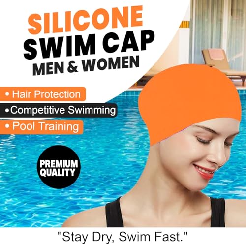 Image of GLAN Silicone Swimming Cap for Kids and Adults Waterproof Swimming Pool Cap for Women and Men (Orange)