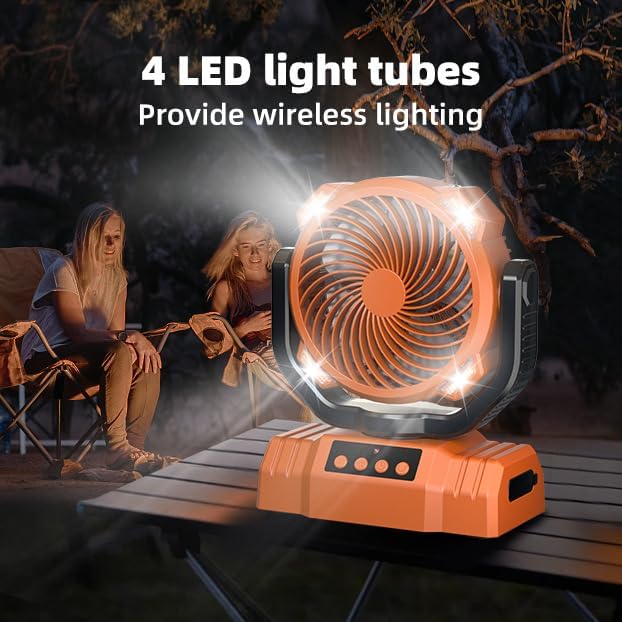 Portable Outdoor Fan with 3 Brightness LED Light - 360° Adjustable, Essential Oil Diffuser, Foldable Hook Design,Orange