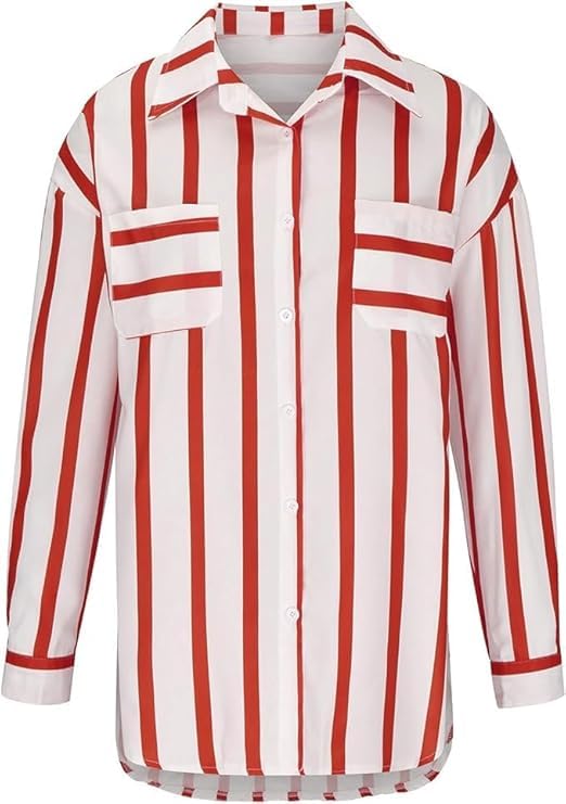 Image of ROYALICA Women's Orange & White Striped Cotton Blend Oversized Casual Shirt