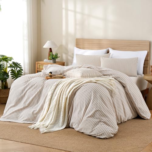 Image of TOCOMOA Brown Striped Duvet Cover Set 100% Washed Cotton Like Linen, King | Linen-Like Feel Soft, Breathable & Comfy for All Season. Lightweight Bedding Set with Zipper & 8 Ties. 3 Pcs, No Insert