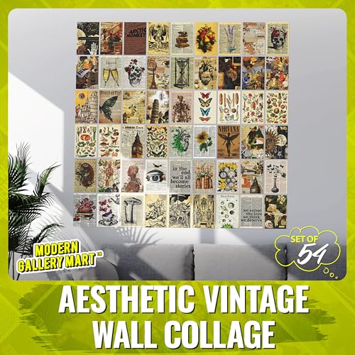 Image of MODERN GALLERY MART Pack of 54 Aesthetic Vintage Wall Collage Kit Posters - 4 x 6 Inches Posters for Wall Decoration - Wall Art For Bedroom, Office, Living room, Dorm room - Glue Dots Include