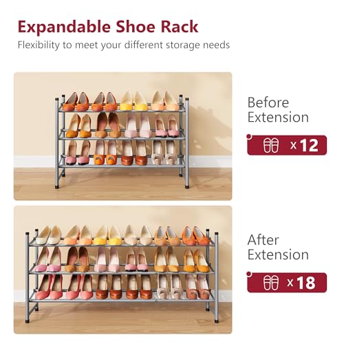 Image of Tajsoon Expandable Shoe Rack for Closet 3 Tier, 28 inch-41 inchAdjustable & Stackable Shoe Shelf Storage, Metal Shoe Rack Organizer for Front Door Entrance, Closet, Garage, Entryway, Grey